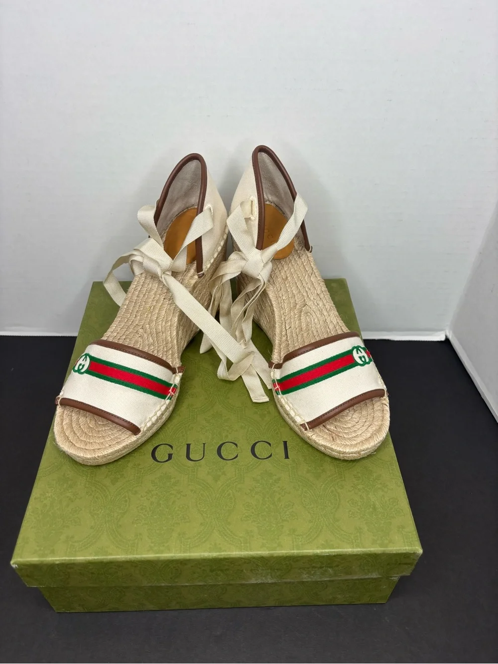 Gucci Cream Canvas Espadrille Wedges with Green and Red Stripe